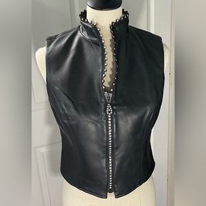 Womens Hobby Horse Black Faux Leather Jewel Studded Full Zip Vest Size Small